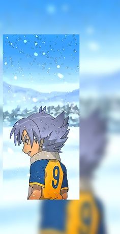 an anime character is standing in the snow with his head turned to look like he's wearing a yellow and blue uniform