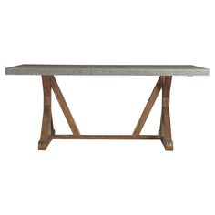 a rectangular table with two wooden legs and a stone top, against a white background