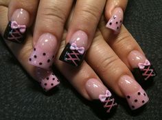 corsets and polka dots Corset Nails, Lost Princess, Polka Dot Nails, Dots Nails, Black Nail Designs, Spring Nail Art, Get Nails, Pink Acrylic Nails, Girls Nails