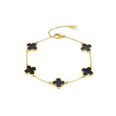 Add a touch of high fashion to your look with this Designs by Gioelli 14k Gold Over Silver Black Enamel Clover Bracelet. Click on this JEWELRY & WATCHES GUIDE to learn about fit, styles, materials and more! Add a touch of high fashion to your look with this Designs by Gioelli 14k Gold Over Silver Black Enamel Clover Bracelet. Click on this JEWELRY & WATCHES GUIDE to learn about fit, styles, materials and more! FEATURES Length: 7.25 in. Clasp: lobster-claw Nickel free Metal: sterling silver Plating: 14k gold Finish: polished Packaging: boxed Imported Size: 7.25". Color: Gold Tone. Gender: female. Age Group: adult. Material: Gold Over Sterling. Timeless Black Bracelet Jewelry, Timeless Black Bangle Jewelry, Elegant Black Bracelets In 14k Gold, Elegant Black 14k Gold Bracelets, Formal Black Fine Jewelry Bracelets, Elegant Adjustable Bracelet With Black Enamel, Elegant Adjustable Black Enamel Bracelets, Elegant Black Jewelry With Bracelet Strap, Formal Black Enamel Bracelets