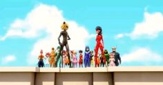 several cartoon characters are standing on top of a wall and looking at each other in the same direction