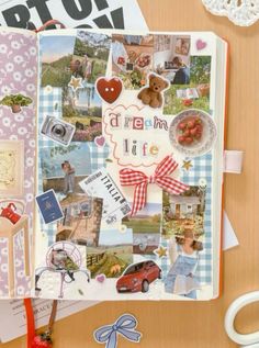 an open scrapbook with pictures and other items