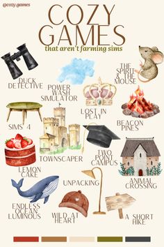 a poster with different types of items on it and the words cozy games that aren't farming