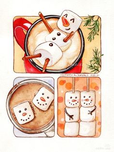 watercolor and ink illustration of marshmallows, snowmen, and hot chocolate