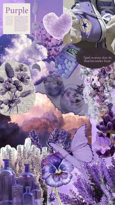 a collage of purple images with flowers and lavenders