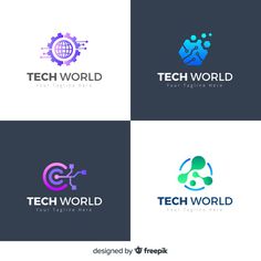 four different logos for tech world, including one with a globe and the other with people