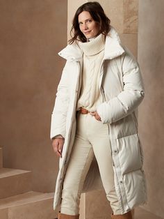 Petite Oversized Water-Repellent Long Puffer Coat | Banana Republic Long Puffer Jacket Outfit, White Parka, Puffer Jacket Outfit, Long Puffer Jacket, White Puffer, Long Puffer Coat, Long Puffer, A Storm, Environmental Impact