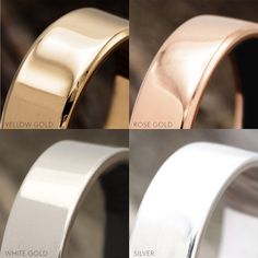 three different types of wedding bands with gold, silver and rose gold