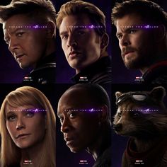 the avengers movie character faces are shown in this composite image, including captain america and rocket - man