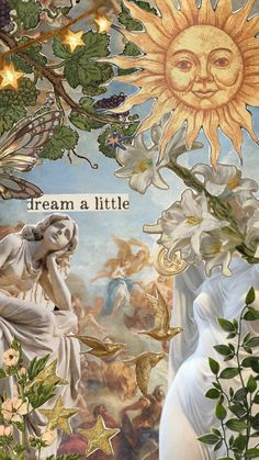 an artistic painting with flowers, butterflies and a sun in the background that says dream a little