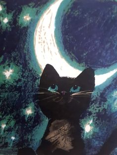 a black cat with blue eyes sitting in front of a crescent moon and stars painting