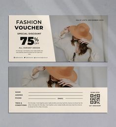 two coupons with a woman wearing a hat on top of her head and the words fashion voucherr 75 % off