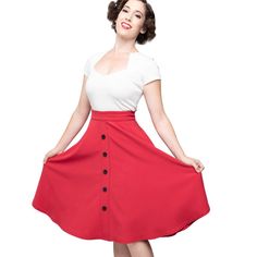 Brand New With Tags! The Thrills Skirt Is An Essential For Your Wardrobe - Classic Flared Circle Skirt. This One Has Button Detail Down The Front. Has Pockets, Too!! 80% Polyester, 15% Rayon, 5% Spandex Machine Wash Cold, Hang Dry. Comes From A Cat Friendly, Non Smoking Home. S- 26" W M - 28" W Xl -32" W Red Fitted Skirt With Buttons, Fitted Red Skirt With Buttons, Red Buttoned Skirt, Red Mini Skirt With Button Closure, Red Buttoned Skirt For Spring, Spring Red Buttoned Skirt, Spring Red Skirt With Buttons, Full Skirt With Button Closure And Fitted Waist, Retro Fitted Skirt With Button Closure