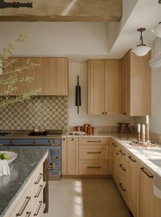 a kitchen filled with lots of wooden cabinets and counter top space next to a plant