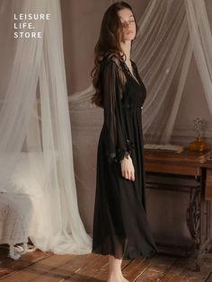 Black Chic Embroidered Nightdress Padded Suspender Nightdress With Tulle Robe Black V-neck Nightgown For Wedding Night, Black Lace Dress For Wedding Night, Black Long Sleeve Sleepwear For Evening, Black Wedding Night Dress With Lace Trim, Black Lace Trim Dress For Wedding Night, Sheer Long Sleeve Sleepwear, Long Sleeve Sheer Sleep Dress, Sheer Long Sleeve Sleepwear For Night, Lace Long Sleeve Nightgown