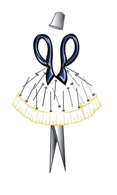 an illustration of scissors and a dress with bows on it's neck, as well as a hat