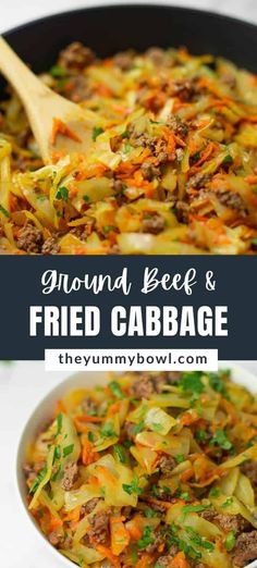 ground beef and fried cabbage in a skillet