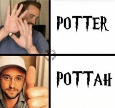 two pictures with the words potter and pottah in black on them, one is pointing