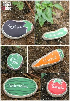 several pictures of painted rocks with different words and vegetables on them, including carrots