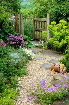 a garden with lots of flowers and plants around it, along with a wooden gate in the background