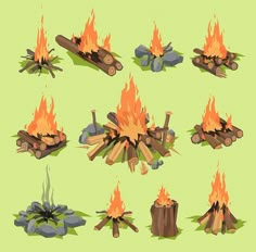 a bunch of logs that are on fire with flames in the middle and one is burning