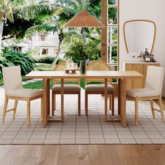 a dining room table with chairs and a large window