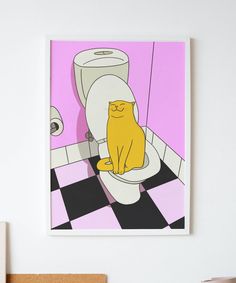 a yellow cat sitting on top of a toilet in a bathroom next to a pink wall