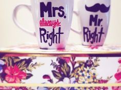 two coffee mugs with the words mr and mrs always right on them, sitting next to each other