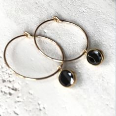 Gold filled hoops with black crystal vermeil charms Hoops Earrings Gold, Spinel Earrings, Earrings Gold Hoop, Star Necklace Silver, Star Necklace Gold, Gold Filled Hoops, Hoops Earrings, Vermeil Jewelry, Star Jewelry