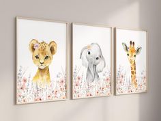 three paintings of animals are hanging on the wall