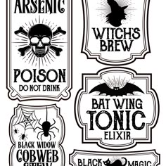 black and white halloween labels with skulls, bats and other things in the shape of signs