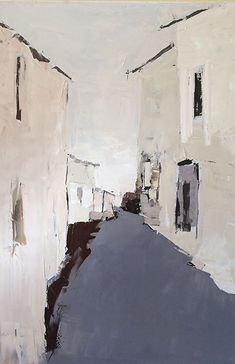 an abstract painting of white buildings on a street