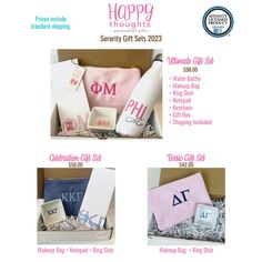 three different items in a box with the words happy thoughts written on them and other things