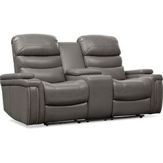 the reclining loveseat has two seats and is made out of grey leather