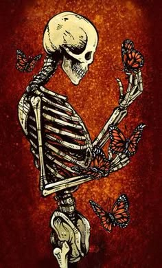 a skeleton with butterflies in its hand