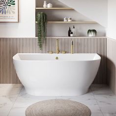 a white bath tub sitting in a bathroom next to a shelf with bottles on it