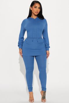 Available In Brown And Denim. Pant Set Long Sleeve Top Hoodie Leggings Elastic Waistband Stretch Inseam: 32" 92% Polyester 8% Spandex Imported | Time Is Right Legging Set in Denim size Medium by Fashion Nova Casual Attire, Pant Set, Denim Pant, Long Sleeve Top, Matching Sets, Denim Fashion, Short Sets, Spring Outfit, Fashion Nova