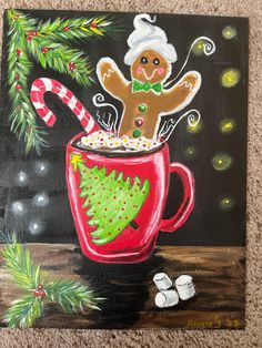 Acrylic hand painted artwork on an 11 x14 canvas board.  Easy to frame and enjoy Hot Cocoa Painting On Canvas, Christmas Painting Templates, Diy Christmas Paintings For Kids, Gingerbread Canvas Painting Ideas, Easy Painting Christmas Ideas On Canvas, Couples Christmas Painting Ideas, Painting With A Twist Christmas, Simple Christmas Paintings For Kids, Christmas Themed Canvas Paintings