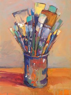 an oil painting of paint brushes in a blue cup