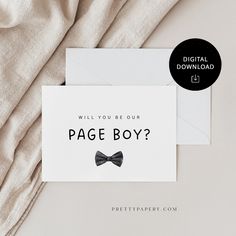 a card with a bow tie on it and the words will you be our page boy?