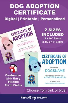 a purple poster with the words dog adoption certificate, and two pictures of dogs on it