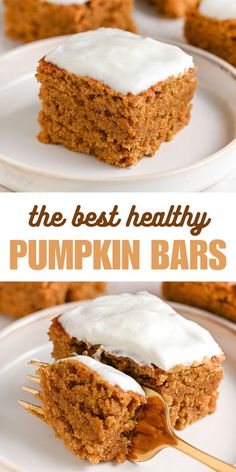 the best healthy pumpkin bars with cream cheese frosting on top are ready to be eaten