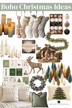 a collage of christmas decorations, candles and other items in white with green accents