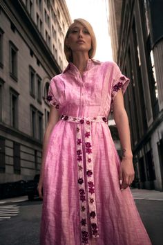 Elegant Pink Belted Midi Dress, Elegant Pink Embellished Midi Dress, Formal Dresses With Embellished Collar, Luxury Pink Embellished Dresses, Luxury Embellished Pink Dress, Elegant Belted Shirt Dress For Party, Luxury Pink Midi Dress For Spring, Luxury Collared Formal Dress, Feminine Pink Belted Midi Dress