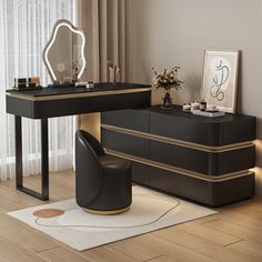 a black desk with a gold trim and mirror on it, next to a chair