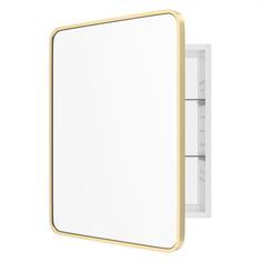 a white and gold bathroom mirror with shelves on the wall next to it's door