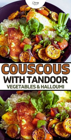 two plates filled with vegetables and rice on top of each other, the title says couscous with tandoor