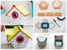 several pictures of different things made out of paper and construction materials, including a birdhouse