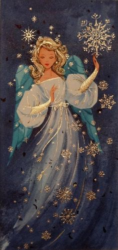 an angel with snowflakes and stars on it's wings, holding a star