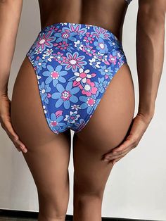 Floral-Printed High-Waisted Bikini Swimwear Blue Beach Bottoms For Beach Season, Blue Beach Bottoms, High Waist Tankini For Pool Beachwear, High Waist Tankini For Pool And Beach, High Waist Tankini For Vacation, Blue Stretch Bottoms For Poolside, Blue High-cut Leg Bottoms For Beachwear, Fitted Blue Swimming Bottoms, Spring Brief Bottoms For Beach Party